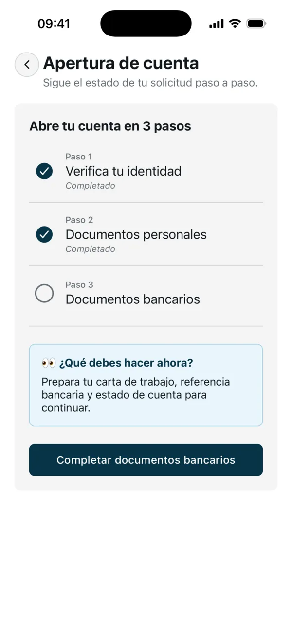 Apertura de cuenta en la app: los tres pasos, dos completados