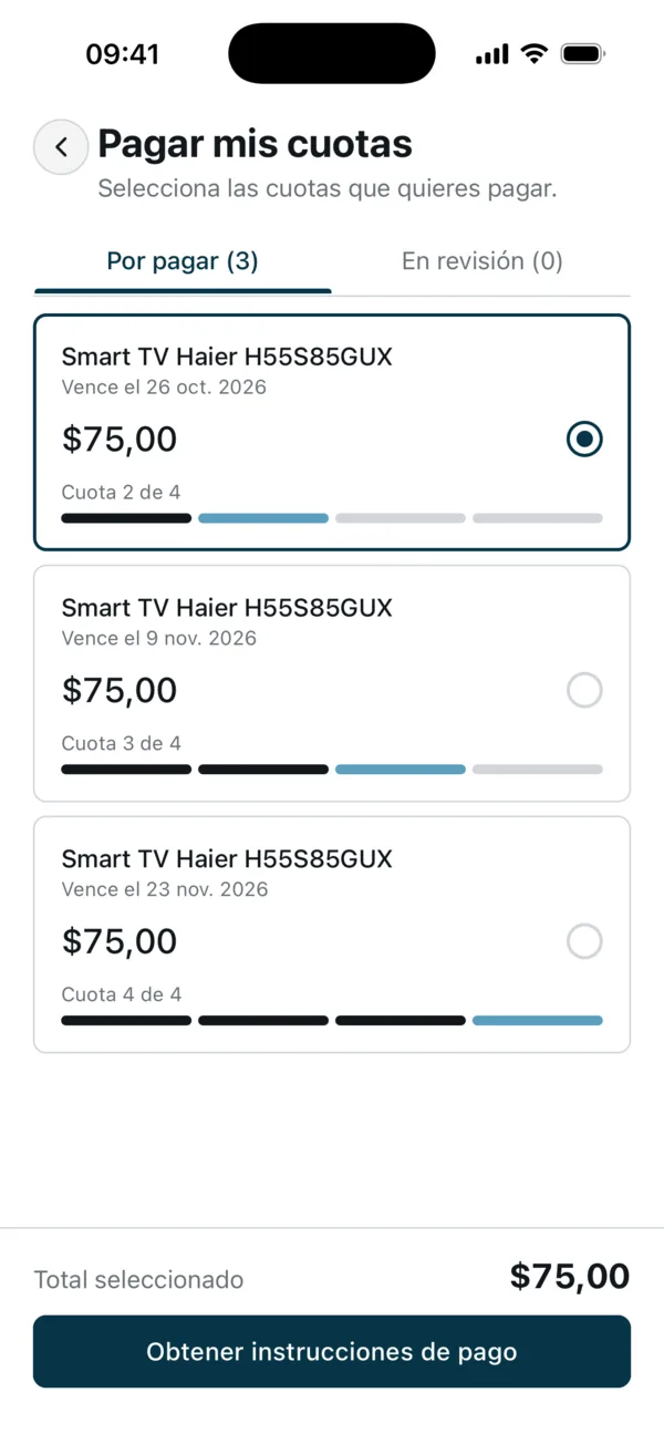 Pagar mis cuotas: tres cuotas de $75,00 con la primera seleccionada