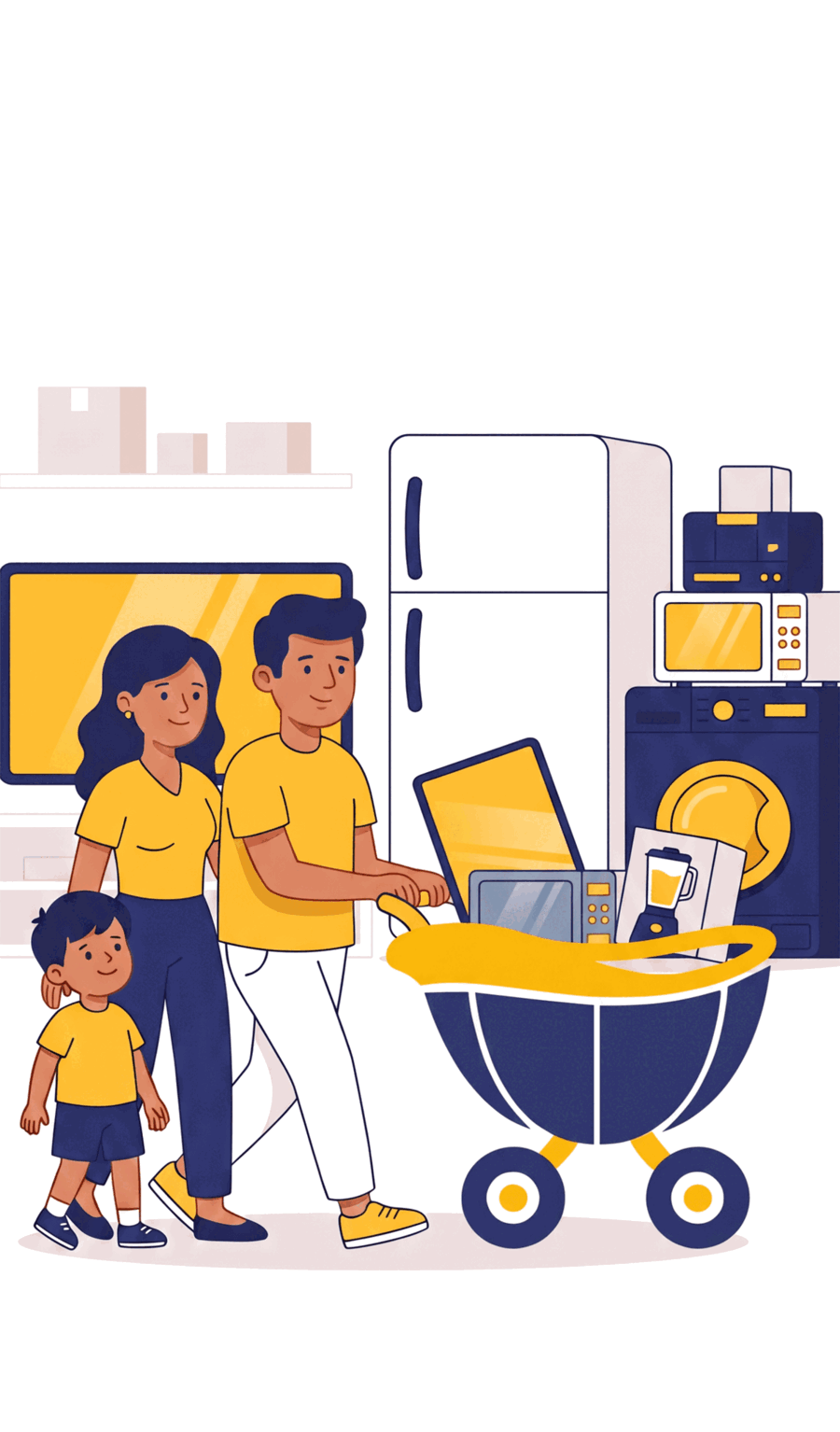 Una familia lleva un carrito con electrodomésticos de la tienda